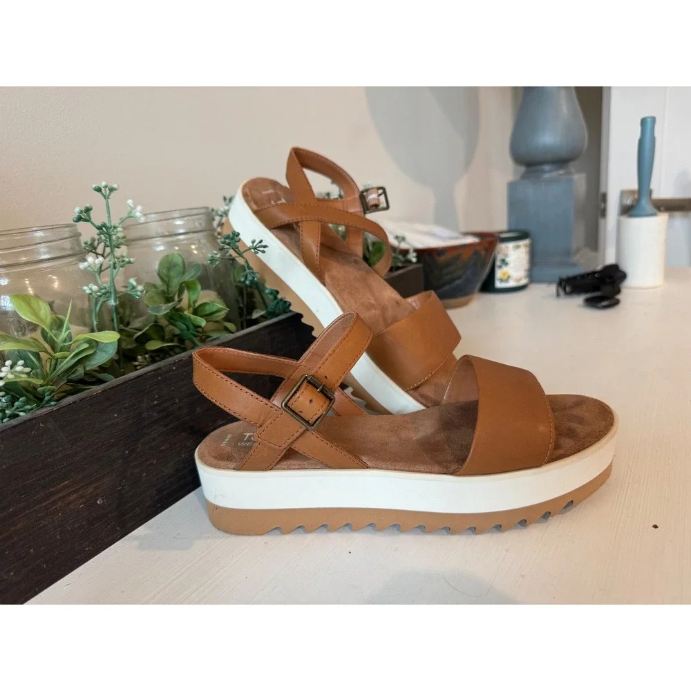 TOMS Diana Tan Brown Leather Platform Wedge Ankle Strap Sandals Womens 6.5